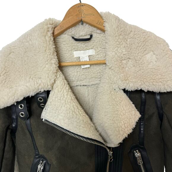 H&M Sherpa Fuax Suede Moto BIker Jacket Olive Green Zip Up Womens 2 - Picture 6 of 9